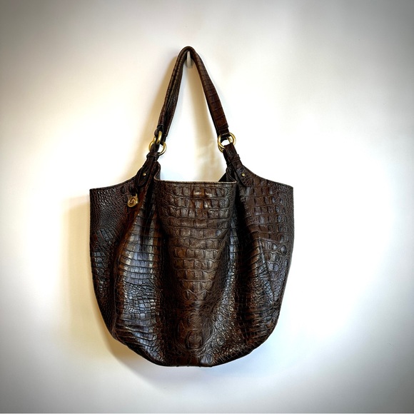 Brahmin Double Strap Brown Croc Embossed Leather Hobo Shoulder Bag Carryall - Picture 2 of 16